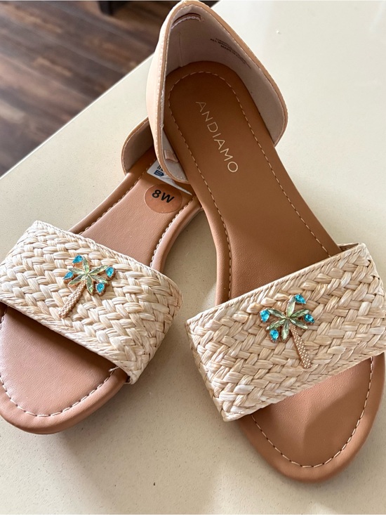 Andiamo Shoes - Andiamo Women's Cream Woven Slide Sandals with Turquoise Palm Accent WIDE WIDTH
